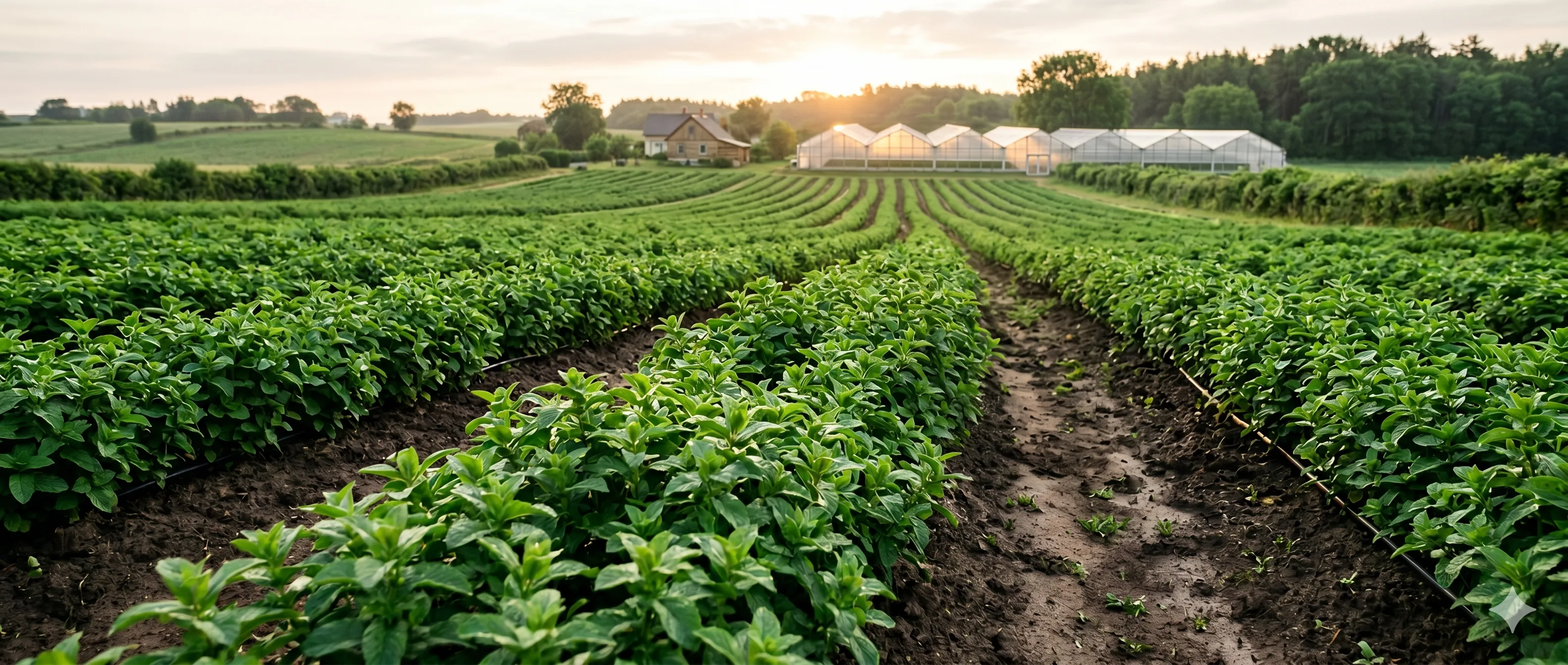 Farmer tending organic herb rows at sunrise