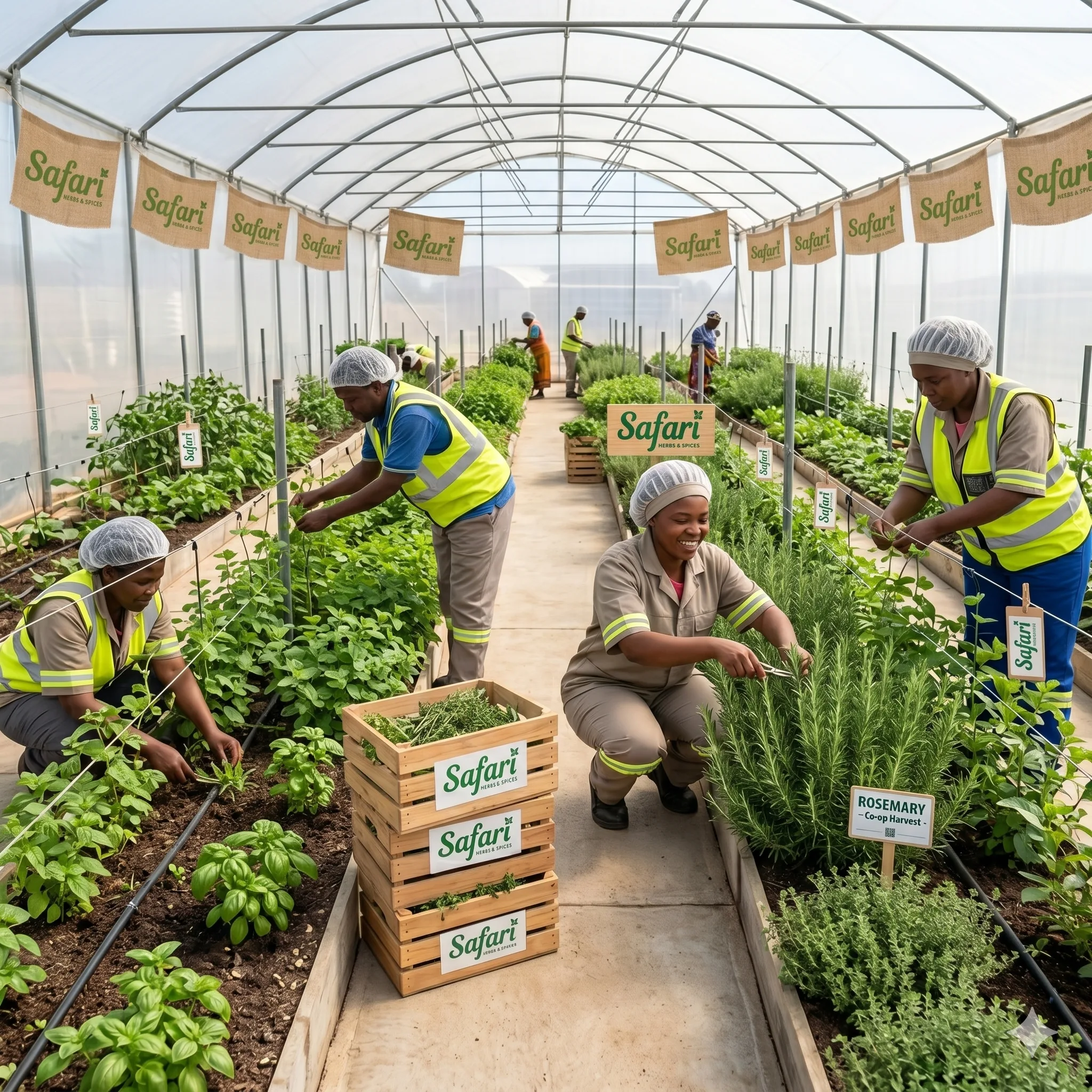 Farm workers tending herb crops in greenhouse